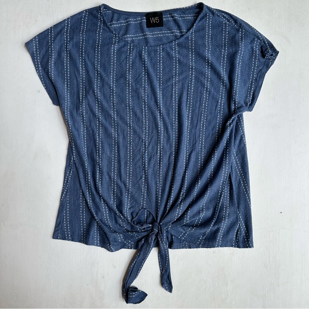W5 Blue Embroidered Tie Front Short Sleeve Top